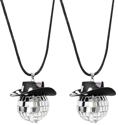 Disco Kugel Anhänger, 2 Stuck Discokugel Autozubehör, 4cm Spiegel Cowboy Hut, Hängend Verspiegelte Kugel Halskette Ornament für Auto Geburtstag Party Zubehör