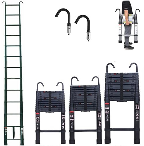 3.2M Telescopic Folding Ladder Black Aluminium Telescopic Ladder 82cm to 3.2m 11 Rungs Multi-Purpose Extendable Ladder with Non-Slip Feet & Detachable Hooks Extension Ladder for Home, Attic, Garden
