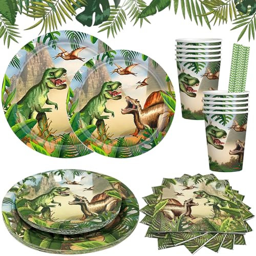 Dinosaurios Vajilla,Juego de Cubiertos Dinosaurio,60 piezas de Platos Cumpleaños Dinosaurio,Platos y Servilletas de Dinosaurios,etc,para 10 Personas,Perfecto para Fiestas de Cumpleaños