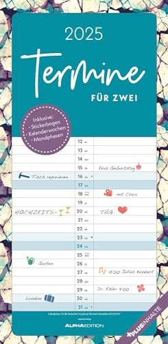 Alpha Edition - Termine für 2 Colour 2025 Familienplaner, 22x45cm, Familienkalender mit 2 Spalten für Termine, Stickerbogen, 100-jährigem Kalender, Ferientermine DE/AT/CH und deutsches Kalendarium