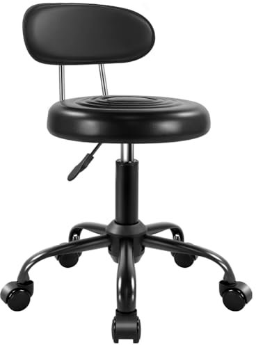 Tabouret à roulettes pivotant avec dossier réglable en hauteur en cuir synthétique Idéal pour spa, salon, maison, bureau, travail de dessin (noir)
