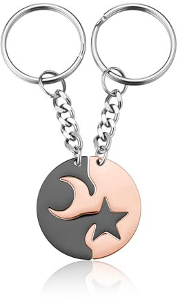 PiercingJak 2PCS Porte-clés Couple Amoureux Lune Etoile Yin Yang Pendentif Puzzle Séparable Acier Inoxydable Cadeau Amour Amitié Femme Homme Saint Valentin Anniversaire Fête