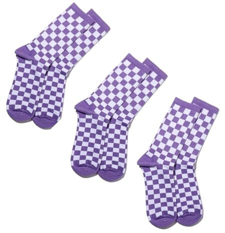JJLFresheners Harajuku-Trends Damen-Socken mit Schachbrettmuster, geometrisch, kariert, Hip-Hop, Baumwolle, Unisex, bedruckt, Skateboard-Soks, Sportsocken, 3 Stück, Violett, 1 Petite