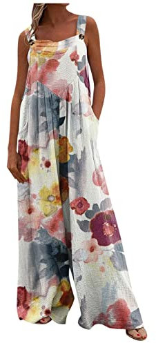 Tutine Etnico Donna Estive Tuta Donna Estiva Salopette Donna Elegante Tuta Intera Jumpsuit Casual Senza Maniche Cotone e Lino Overall Pantaloni Larghi con Tasche per Spiaggia Vacanza