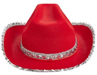 Niceyoeuk Cowboyhut für Damen und Herren, Pailletten, breite Krempe, Western-Cowgirl-Kappe, Halloween-Requisiten, Bühnenshow, Sonnenschutz, Hut, Cosplay, Party, Rot, Einheitsgröße