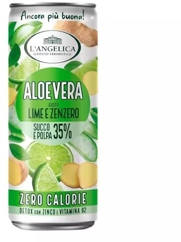 L'Angelica Aloe Vera Gusto Lime e Zenzero 12 Lattine da 240 ml Con Succo e Polpa 35% Detox Zero Calorie con Zinco e Vitamina B2