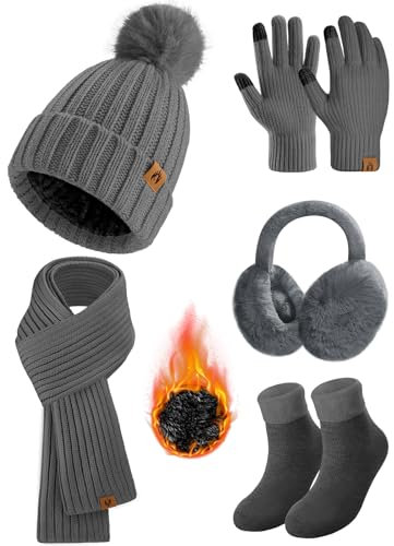 Xnova Mütze Schal Handschuhe Ohrwärmer und Socken Set 5 in 1 Damen Winter, 5 Stücke Warme Strickmütze Lange Schal Dicke Beanie Mütze Gestrickte Winterzubehör Kombi Geschenk (Dunkelgrau)