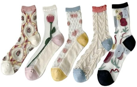 Alxad Chaussettes Transparentes en Verre Vintage Fleur - Maille Broderie Fines d'été Fantaisie pour Femmes et Filles - 5 Paires