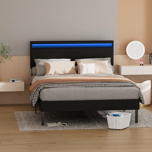 Cecaylie Bettgestell 140X200 cm mit LED-Beleuchtung, Lattenrost aus massivem Holz, Kopfteil und Umrandung aus hochwertigem Leder, hochwertiges Doppelbett ohne Matratze, schwarz