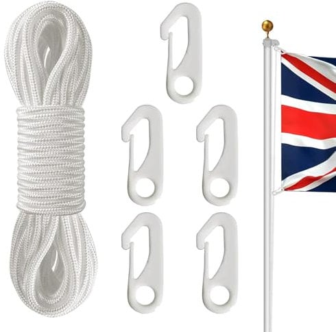 TANGHSE Nylon Flag Pole Rope with 5 Pcs Flag Clips, 15M/50FT 6mm Flag Rope White Flagline Halyard Braided for Outdoor Hanging Bundled Sailing Garden Rigging
