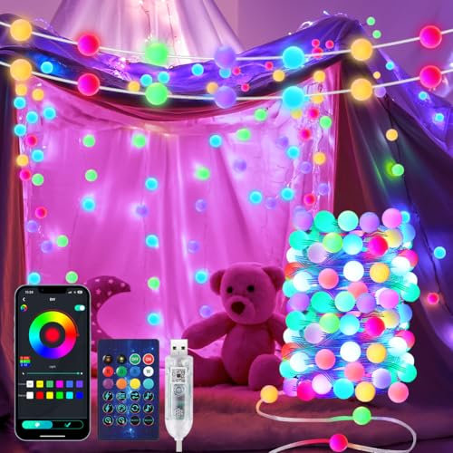 AUAUY 10M 66LED Guirnaldas Luces Exterior y Interior, Inteligentes Globo RGB Luces de Navidad con Chip Incorporado Que Cambian de Color, con AplicacióN de SincronizacióN MúSica Remota para Halloween