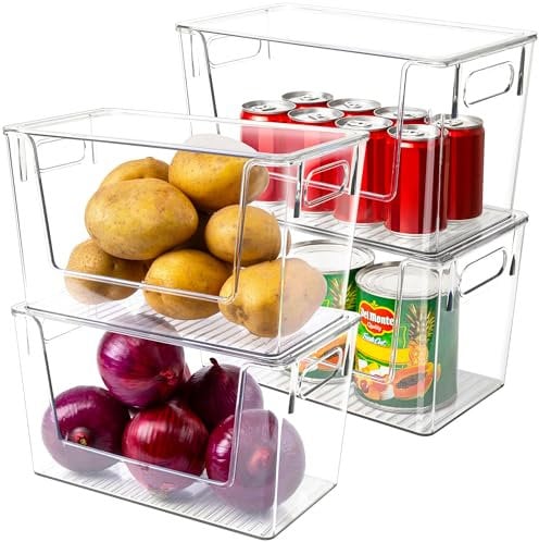Tiawudi 4 Pack Large Stackable Plastic Storage Bins with Open Front, Clear, Pantry Organizers and Storage for Fruit, Vegetable, Snack, Laundry Supplies