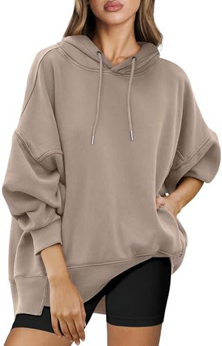 Timuspo Oversize Hoodie Autumn Bequeme Einfarbig Sweatshirts für Damen Herbst Winter Langen Ärmeln Y2k Pullover mit Kapuze und Taschen Hellbraun S