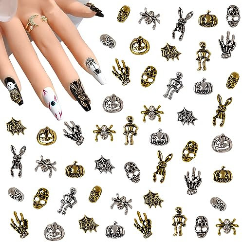 3D Halloween Nail Charms, 72 Pcs Retro Ghost Claws Spider Skull Metal Nail Art Charms Gold Siliver Skeleton Rabbit Pumpkin Nail Gems Rhinestones Nail Accessories for Nail Decorations DIY Crafts