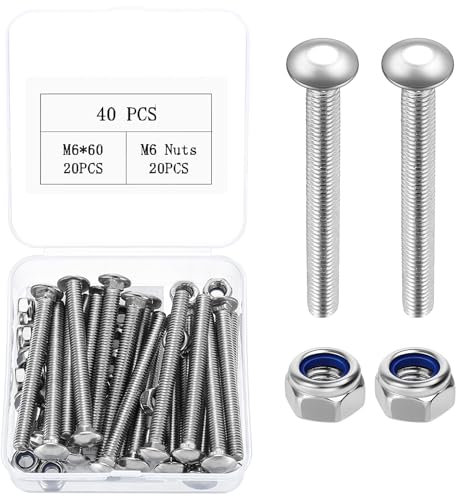 M6 Coach Bolts, 40 Pcs Cup Square Carriage Bolts and Nuts Set, M6 x 60mm Long Coach Screws with Hex Nuts, Carbon Steel