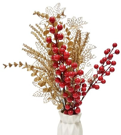 HEPENG Fiori artificiali, 56 cm, bacche di Natale per feste di nozze fai da te, San Valentino, festa della mamma, decorazione della casa e Natale, oro e rosso