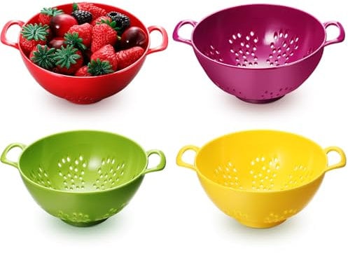 Baderke 4 Pack Mini Colander for Kitchen Plastic Berry Strainer with Double Handles 7.5 x 6 x 3 Inch Small Colander Strainer for Fruits Vegetables Food (Green, Purple, Red, Lemon Yellow)