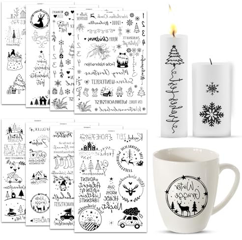 Rub On Sticker Weihnachten, 8 Stück Rub On Aufkleber Weihnachten, DIY Deko Rub On Folie Aufkleber, Rub On Sticker Transfers, Kerzenaufkleber für Möbel Glas Holz Scrapbooking DIY Basteln Deko