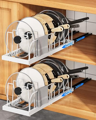 UMDONX Soporte para Ollas y Sartenes,Organizador Sartenes y Ollas Cajon,Soporte Sartenes de Cocina, Separador de Sartenes Ajustable con 20 Compartimentos -Blanco,2 piezas