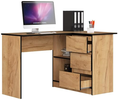 BDW Eckschreibtisch Eiche Craft rechts, 3 Schubladen rechts und 2 Regale, viel Platz zum Entfalten. Perfekt für Jugendzimmer, Büros und Ateliers.