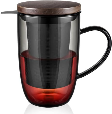 ecooe 440 ml Schwarze Glas Teetasse Borosilikat Teebecher Teeglas mit Ultrafein 18/8 Edelstahlsieb Natürlicher Bambus Deckle Verdickter für Kaffee Saft Kohlensäurehaltige Getränke Milch Joghurt