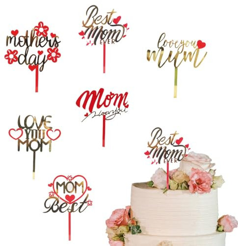 6 Pcs Mother’s Day Cake Toppers I Love You Mom Cake Picks Cake Decoration