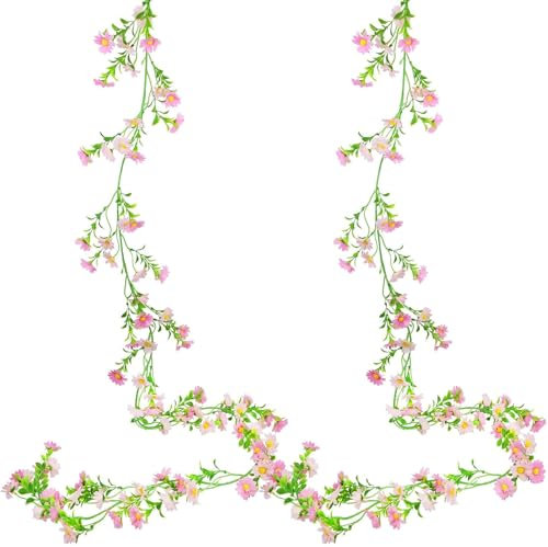 Künstliche Blumen Kunstblumen Wie Echt Deko Blumengirlande Gänseblümchen Seidenblumen Hängend Gefälschte Plastikblumen Fake Flowers Garland für Hochzeit Garten Wand Dekor Rosa 2pcs
