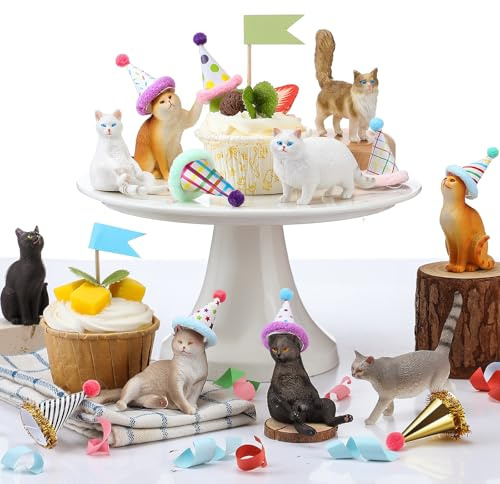 Colingmill 18 Pcs Cat Birthday Party Decorations Mini Birthday Hat Animal Figure Model Cake Toppers with Mini Hat for Birthday Party, Animals Themed Party