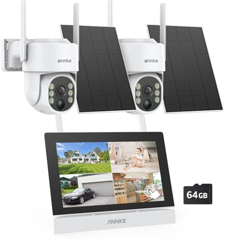 ANNKE Überwachungskamera Set Aussen WLAN mit 7''Monitor 4CH Wireless NVR, 2 Pcs 4MP 360° PT Überwachungskamera Aussen Solar Akku, 2 Wege Audio, Spotlight Alarm, Personenerkennung, 64GB SD Karte