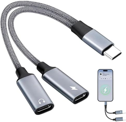 USB C 2-in-1 Splitter and Adapter - Dual Port Headphone and Charger for iPhone 16 15, iPad Air/Pro, Galaxy S25 S24 S23 S22