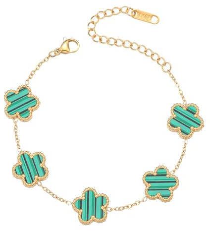 FUNIO Kleeblatt Armband für Damen - 18 Karat Gold Armband Armreif Glücksarmband Schmuck Geschenk für Damen (Grün)