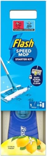 ecom Flash Speedmop Wet Mop Floor Cleaner Starter Kit 1 Handle & 6 Citrus Fresh Wet Refills Scrubbing Action for Hard Floors Fast, Hygienic, Daily Cleaning for Wood, Tile, Lino Yellow