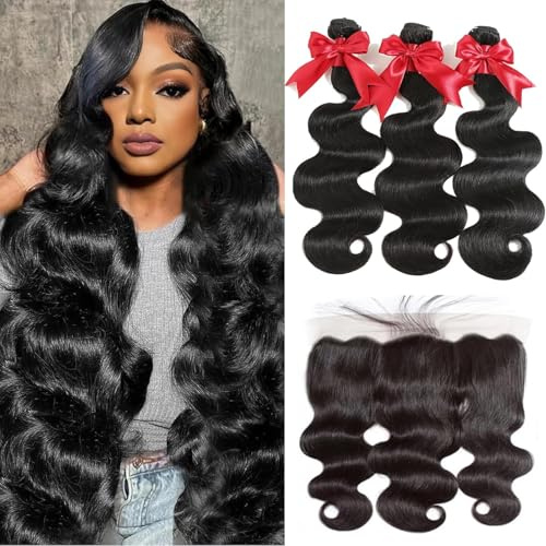 ELEE'S HAIR Brazilian Body Wave Bundles Lace Front 13x4 100% Human Hair Body Wave Natural Black Bundles for Women (24 26 28+22)