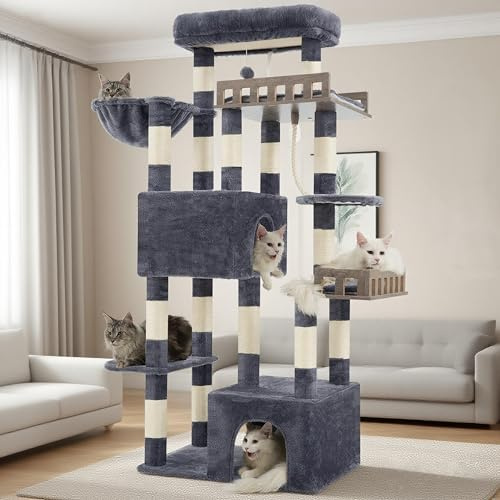 Gitelsnour Kratzbaum robust 174 cm für schwere & mehrere Katzen, GCT033G | Katzenbaum 174 cm für Maine Coon im Innenbereich mit Hängematte,2 großen Plattformen,2 Katzenhöhlen, 15 Sisalsäulen,Rauchgrau