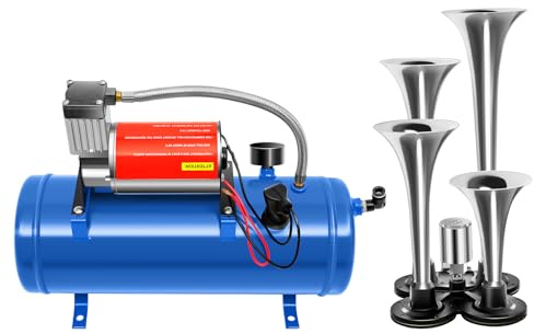 DWIKRYT Klaxon d'air 150 dB avec compresseur d'air, kit de klaxon d'air à 4 trompettes de type train et compresseur d'air à 150 PSI avec réservoir de 6 L pour véhicule, voiture, camion, train
