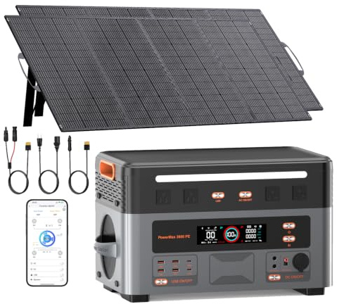 3600W Generador Solar con Panel 2x400W, 2016Wh Estación de Energia Portatil, Carga Rápida 1h, Batería LiFePO4, UPS, 14 Puertos, APP, Power Station para Camping, Caravana, Hogar, PowerMax 3600PE