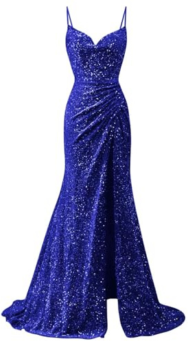 ORRCIGH Spaghettiträger, Brautjungfernkleid, Glitzer-Pailletten, Ballkleider, Meerjungfrau, formelle Abendparty, Maxikleid mit Schlitz, WPX018, königsblau, 48 Plus