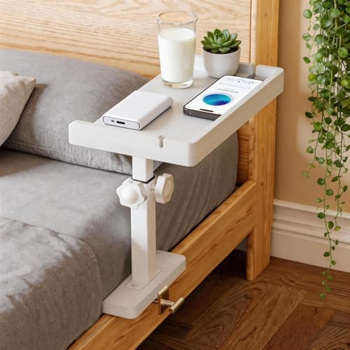 BUERPINKING Tablette de lit à suspendre, organiseur de table de chevet à clip, table latérale de lit réglable en hauteur avec barre en métal, plateau de lit flottant pour chambre d'étudiant, lits