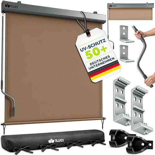 tillvex® Senkrechtmarkise 160 x 250 cm für Innen & Außen mit Regencover | Außenrollo wasserfest mit Handkurbel für Balkon, Terrasse & Garten | Balkonrollo Sonnenschutz Markise Sichtschutz Aluminium