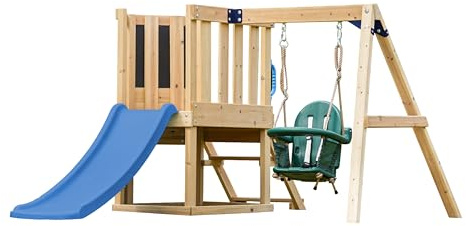 AXI Timo Klettergerüst aus Holz in Braun mit Rutsche in Blau | Spielturm/Spielplatz für Kinder mit Babyschaukel, Kletterwand und Tafel | Spielgerät für den Garten