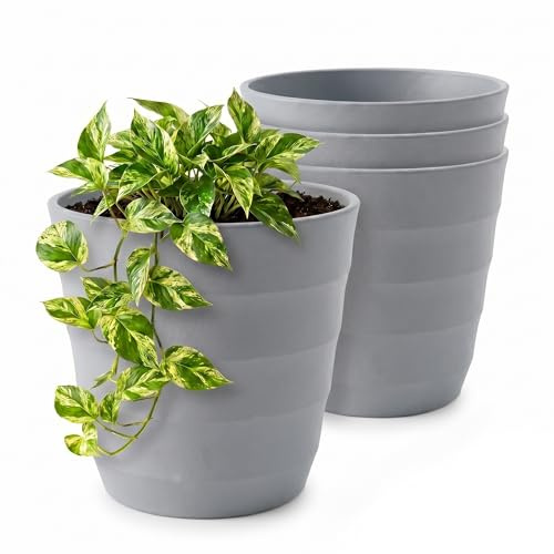 Lizzy 4 Pack Plastic Plant Pots 20cm | Round Flower Pots with Ribbed Design Indoor Outdoor Plant Pots Heavy Duty Garden Planters for Plants Flowers Herbs Stylish Off Grey Pots