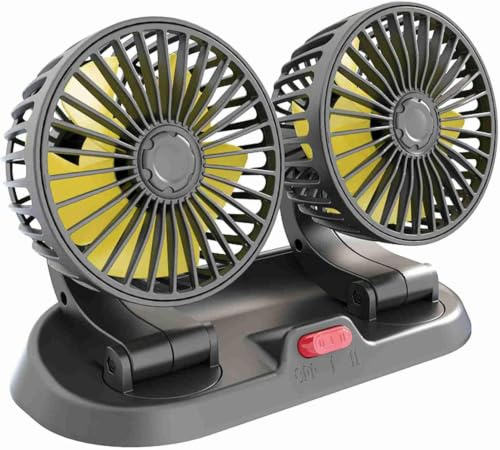 SUVOO Ventilatore Auto 4 Pollici 360° con Biadesivo, Silenzioso <50 dB, 12V/24V/USB 5V, Ventola Singola o Doppia per Auto, Camion, Camper, SUV e Furgoni (Ventilatore doppio premium, DC 12V)