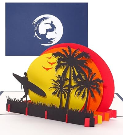 Pop Up Karte „Surfer - Sunset Beach“ 3D Geburtstagskarte, Einladung, Geschenk Surfen & Gutschein für Urlaub, Reise, Surfkurs oder Surfbrett