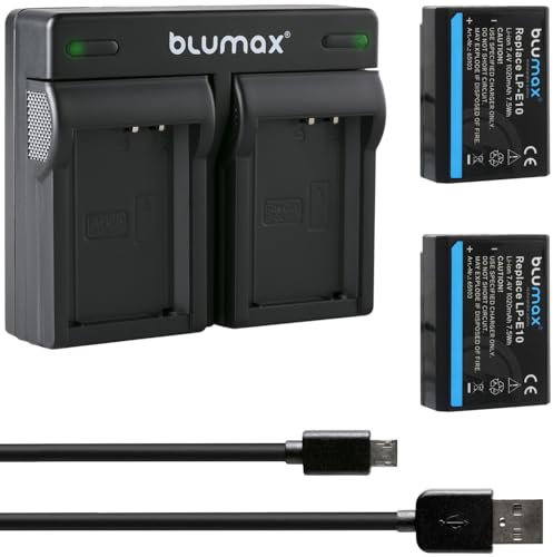 2X Blumax Akku kompatibel mit Canon LP-E10 [ 1020mAh ] + Dual Charger LC-E10e für Canon EOS 1100D 1500D 2000D 4000D / Rebel T3 T7 T100 / Kiss X2 X90