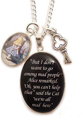 LunarraStar Women Silver Plated Alice in Wonderland Necklace We’re All Mad Here Cheshire Cat Quote Pendant