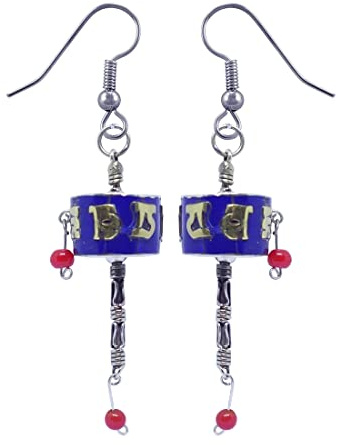 Tibetische Gebetsmühle Komprimierte Blaue Lapislazuli-Edelstein-Chip-Inlay-Ohrringe für Damen 925 Versilberte Boho Ethnic Tribal Gypsy Mode Ohrringe