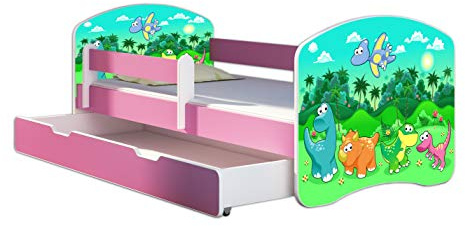 ACMA Kinderbett 70 x 140 cm mit Bettkasten, Matratze & Lattenrost – Jugendbett mit Rausfallschutz, personalisiertes Motiv 30 Dino - Rosa, Mädchenbett ab 3 Jahren, belastbar bis 120 kg