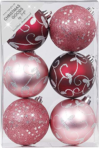 6 Christbaumkugeln 8cm Motive Ornament Dekor Kunststoff bruchfest Dekokugeln Weihnachtskugeln Baumkugeln Baumschmuck Set Christbaumschmuck Weihnachtsschmuck 80mm Berry Kiss Beere
