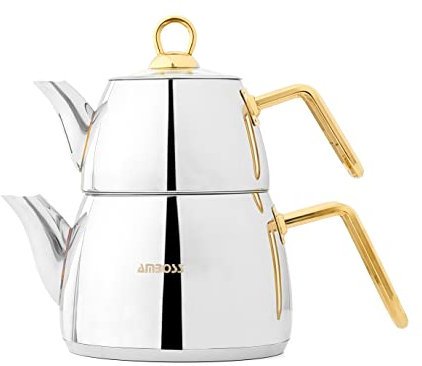 Amboss Aqua Ergonomic Gold Handle Turkish Teapot Set 4 PCS with Steam Lid Stainless Steel Induction Compatible Turkish Tea Set (Gold Handle)