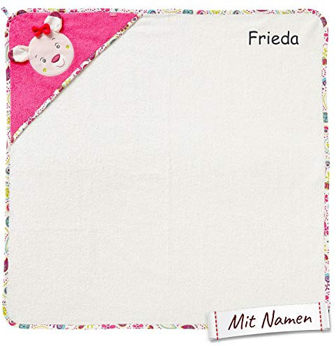 FEHN Rehkitz Kapuzenbadetuch mit Namen bestick, Mädchen Kapuzenhandtuch für Baby & Kinder, Badetuch Badehandtuch Bade-Poncho Kinder-Badetuch mit Kapuze, 80x80 cm